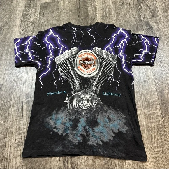 Vintage 90s Harley Davidson Thunder & Lightning AOP Tee Biker Motorcycle T Shirt - Picture 2 of 6